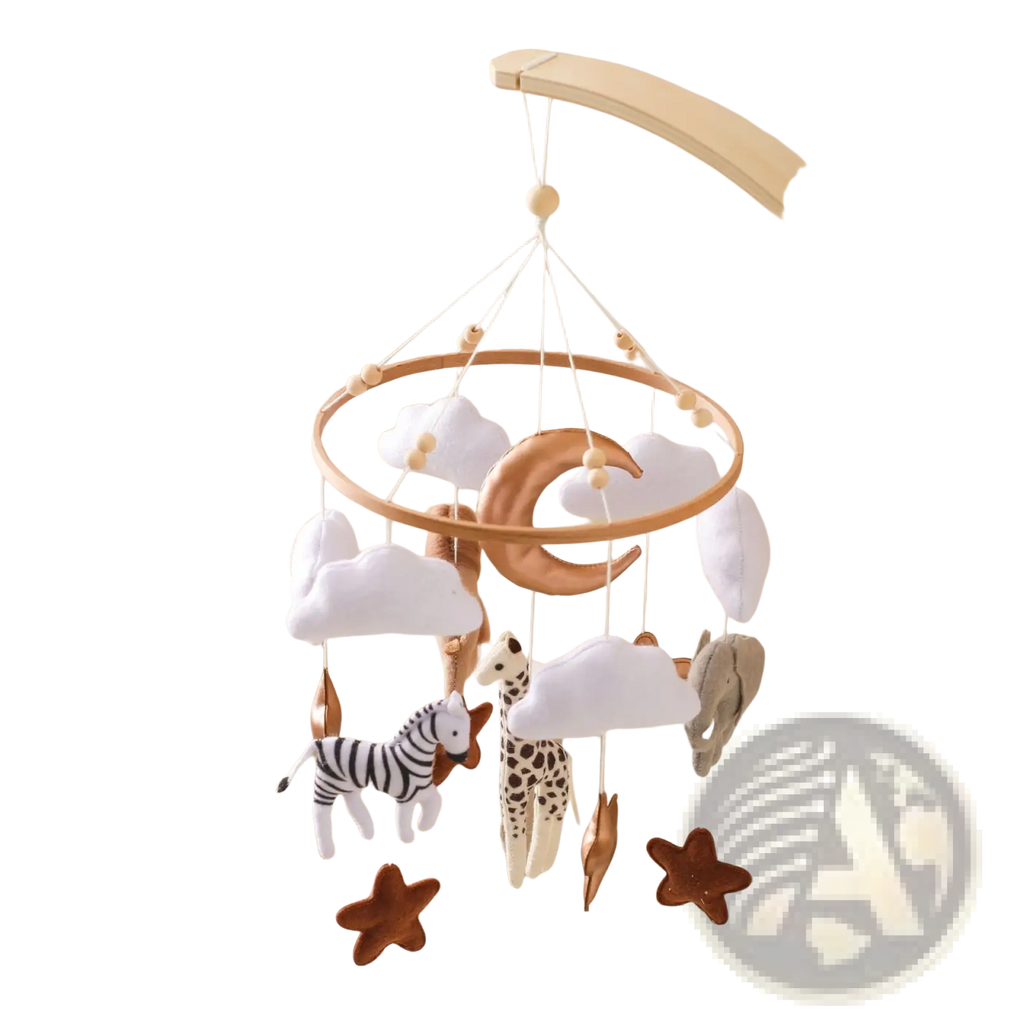Safari Animal Wooden Crib Mobile with Felt Clouds