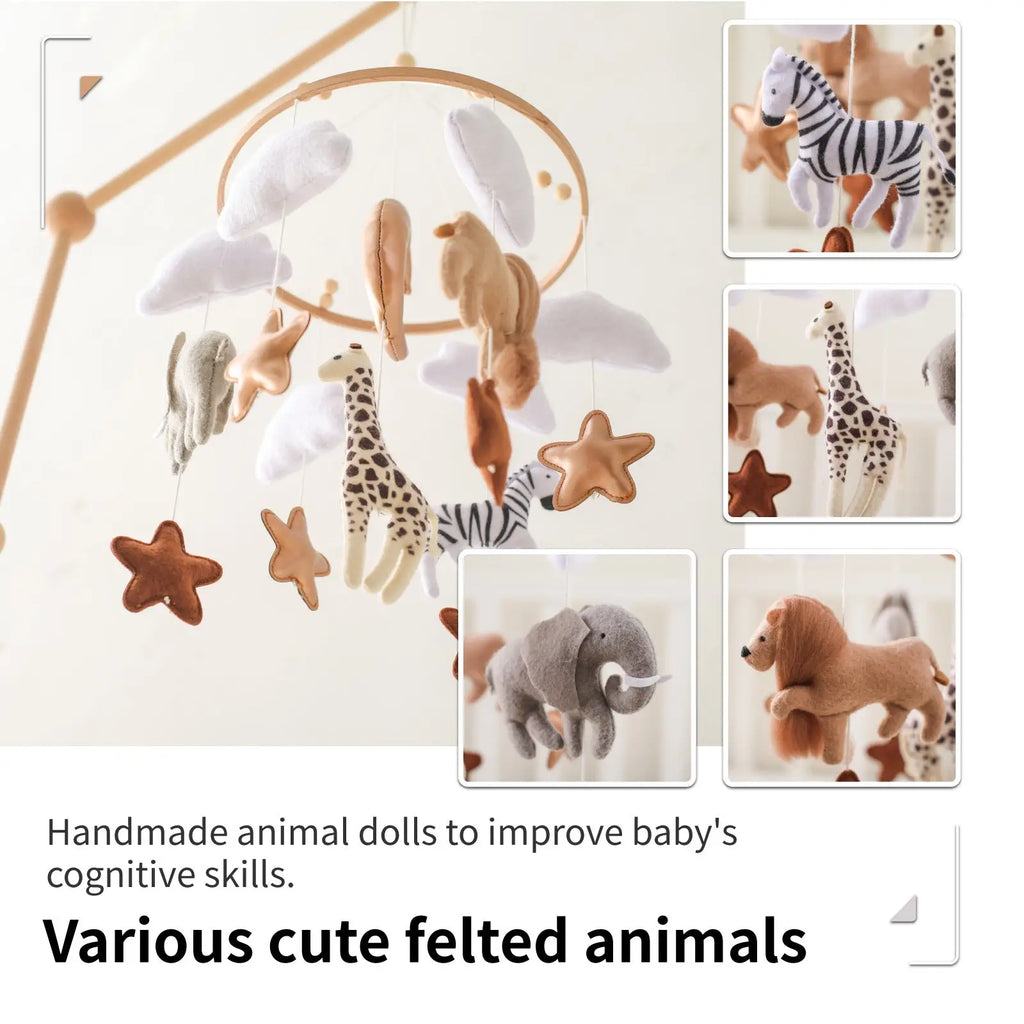 Safari Animal Wooden Crib Mobile with Felt Clouds