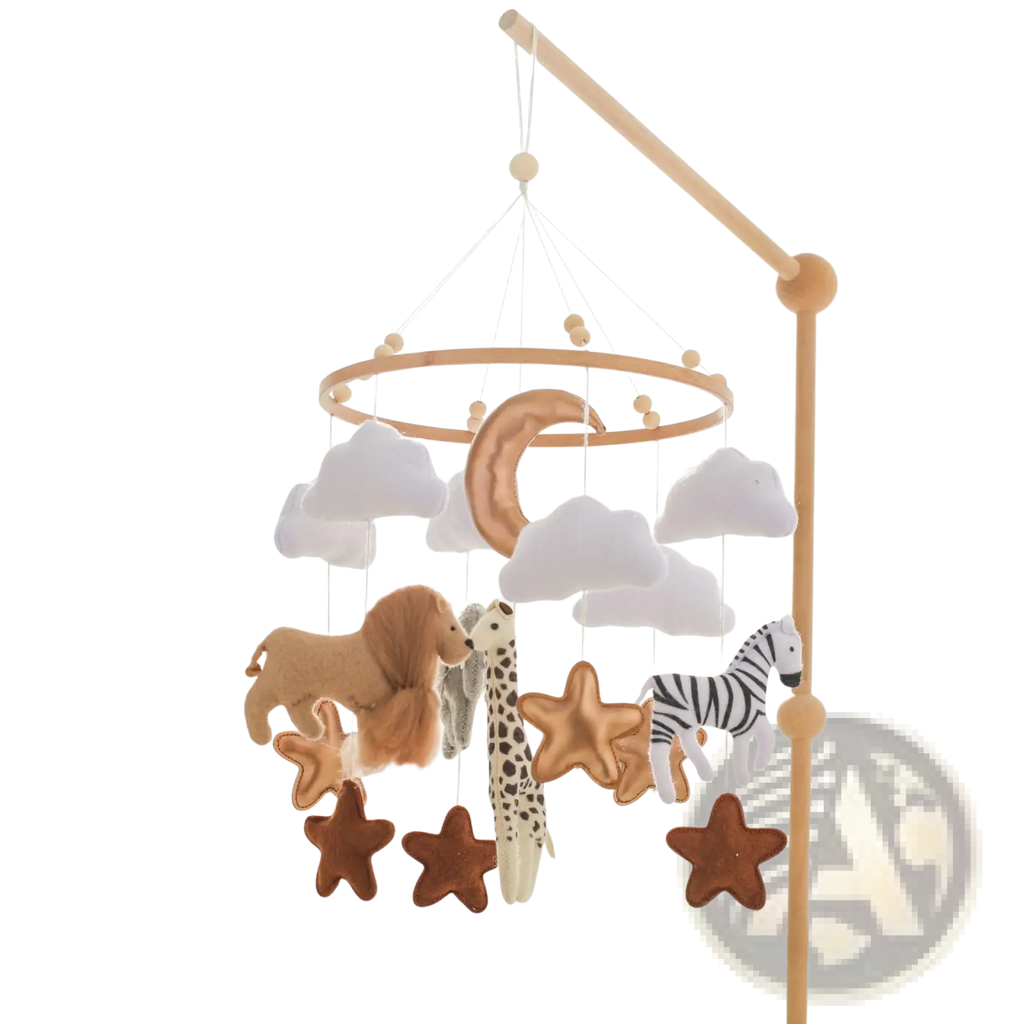 Safari Animal Wooden Crib Mobile with Felt Clouds