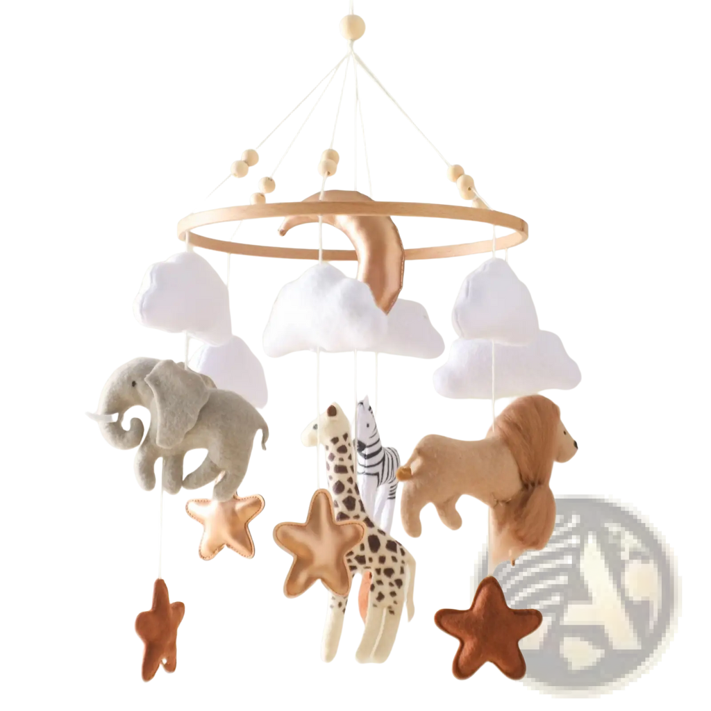 Safari Animal Wooden Crib Mobile with Felt Clouds