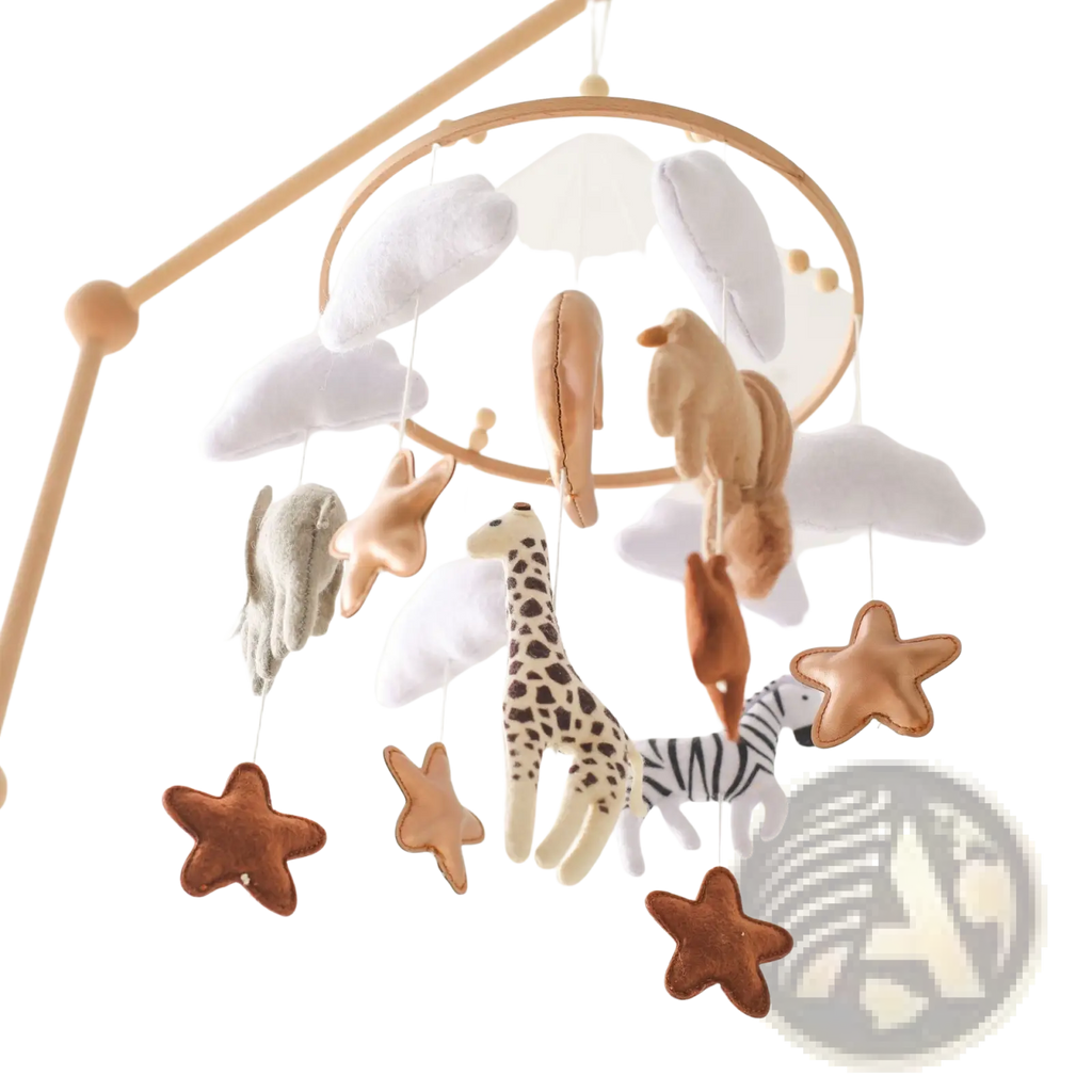 Safari Animal Wooden Crib Mobile with Felt Clouds